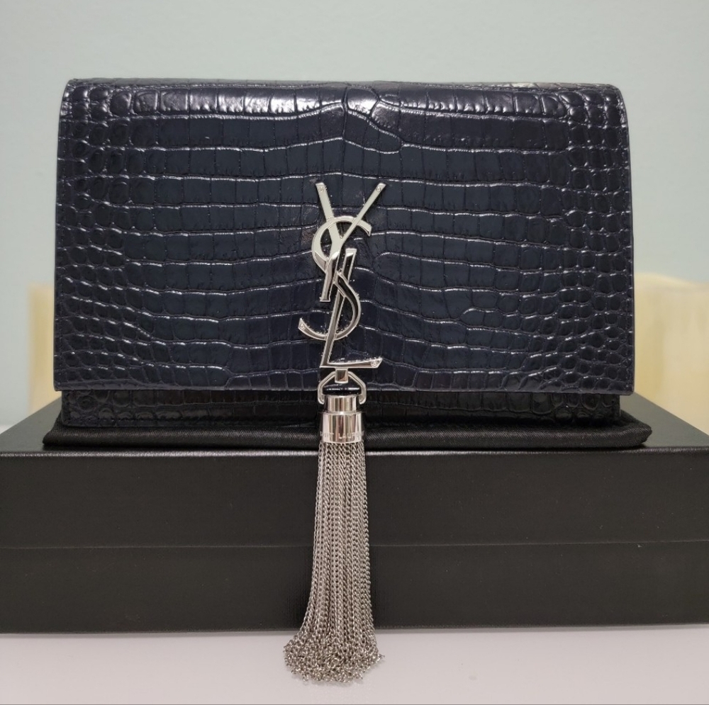 Yves Saint Laurent Blue Silver Wristlet with Iconic Tassel